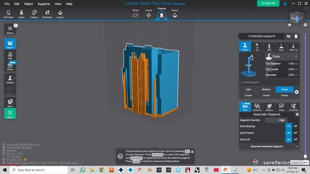 Model 3D în slicer, cu suporturi