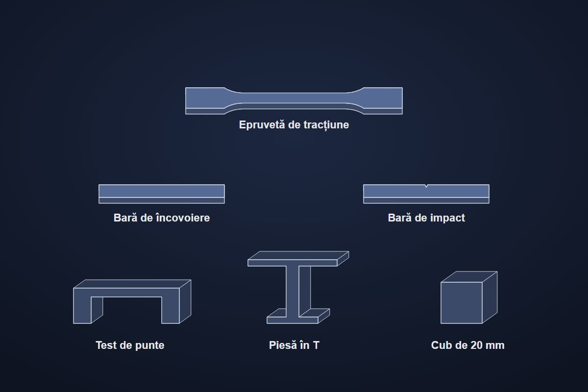 Piesele de test desenate: epruvetă de tracțiune, bare de încovoiere și impact, test de punte, piesă în T și cub de calibrare