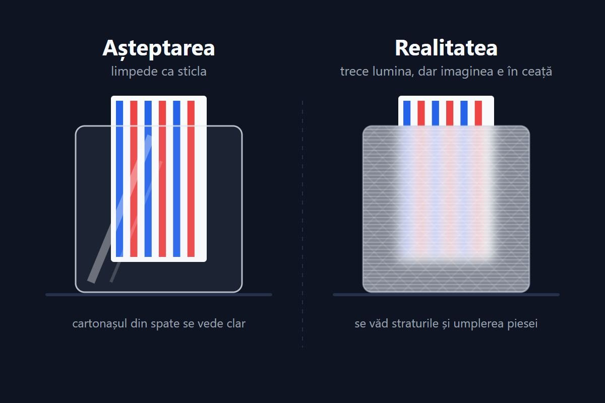 Desen: un cub transparent așa cum și-l imaginează lumea și așa cum iese printat din filament