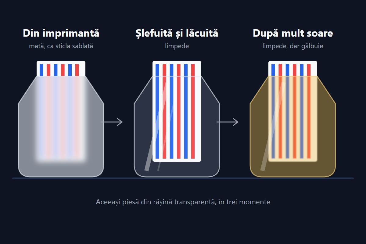 Desen: aceeași piesă din rășină transparentă, mată din imprimantă, limpede după lăcuire și gălbuie după mult soare